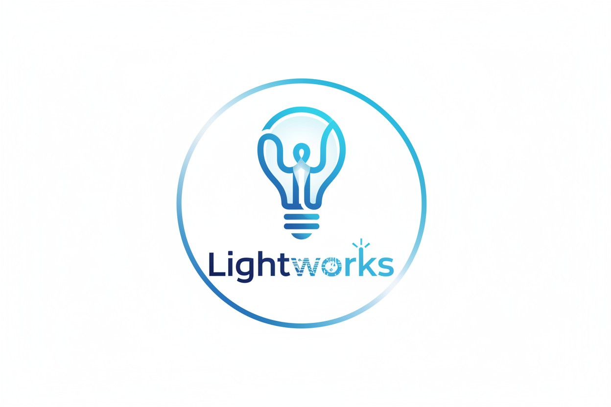a lightbulb logo with text saying "Lightworks"
